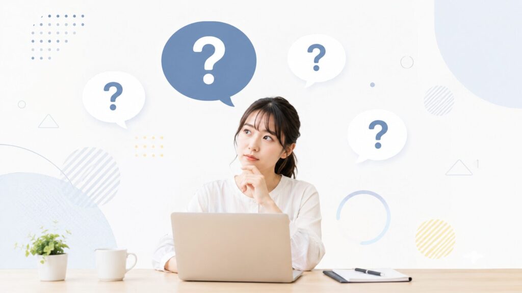 パソコンの前で疑問を整理する人物と質問アイコンを配置したFAQイメージ