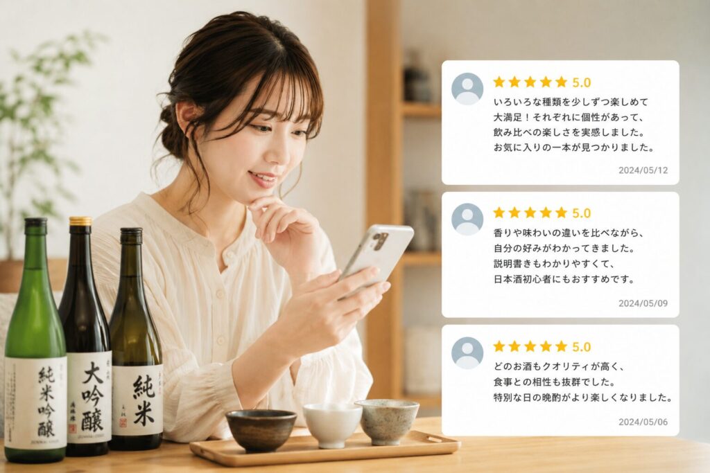 会津ほまれの口コミをスマホで確認する女性と★5レビュー