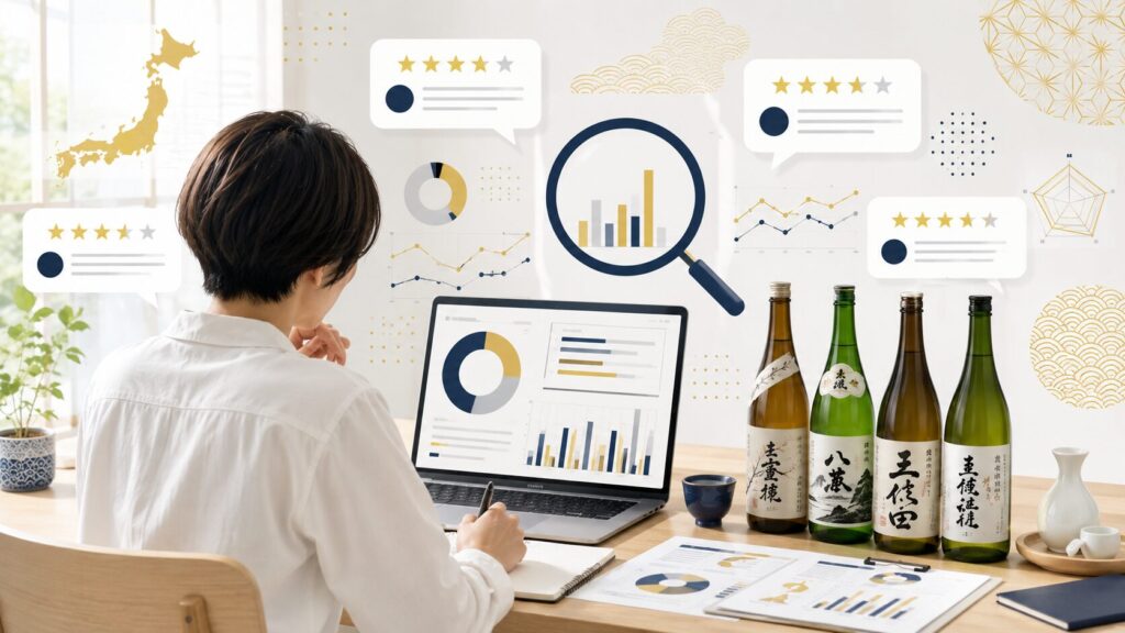 日本酒の口コミレビューを分析している人物のイメージ。 明るく清潔感のある和モダンな空間で、人物がノートPCを見ながら真剣にレビューを確認している。 画面や周囲には星評価・吹き出しコメント・グラフ・チャート・虫眼鏡などの分析要素が浮かび、口コミを徹底比較している雰囲気。 テーブルには新潟の日本酒瓶が数本並び、紺・金・白を基調にした信頼感のあるデザイン。 横長16:9、テキストなし。