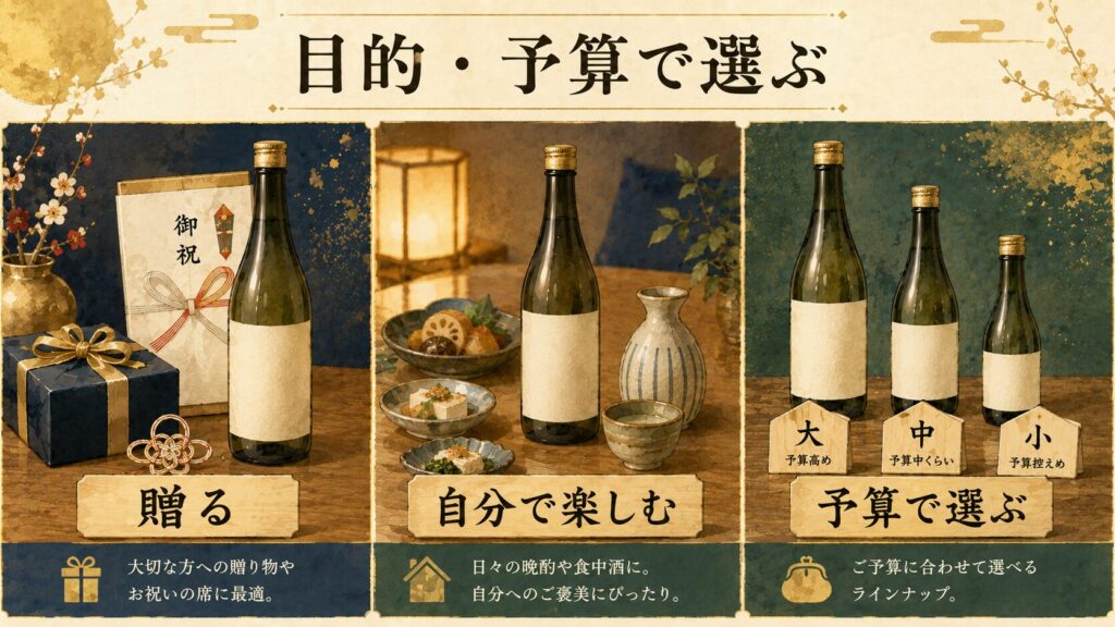 目的・予算で久保田を選ぶイメージイラスト（贈り物・自分用・予算別）