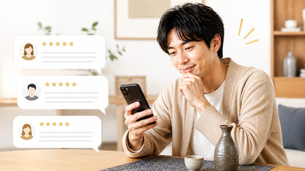 スマートフォンで商品レビューや口コミ評価をチェックする男性。購入前に評判を確認しているイメージ