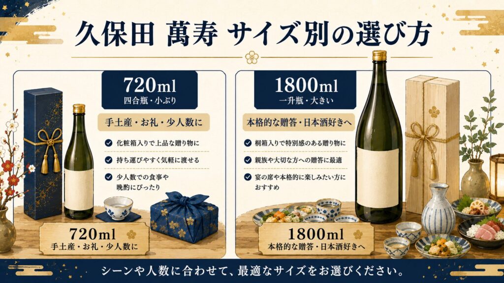 久保田 萬寿 720mlと1800mlの用途別の選び方を比較したイラスト（手土産向けと本格贈答向け）