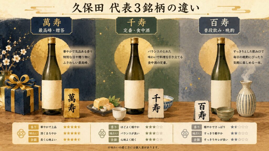久保田 萬寿・千寿・百寿の違いを比較したイラスト（贈答・食中酒・晩酌）