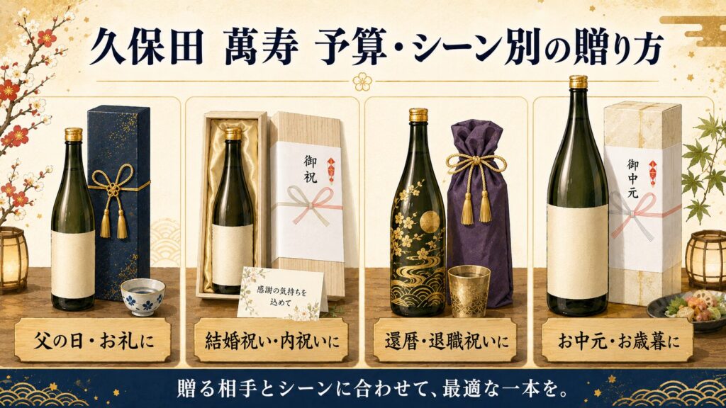 久保田 萬寿の予算・シーン別の贈り方を示したイラスト（化粧箱・桐箱・名入れ・一升瓶／父の日・結婚祝い・還暦・お歳暮）