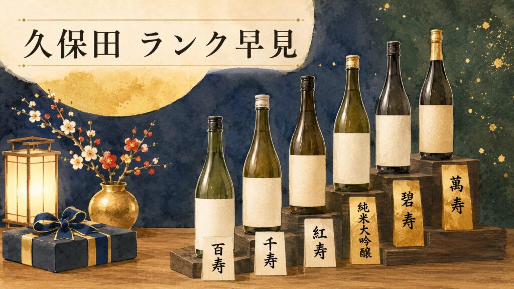 久保田のランク早見イラスト｜百寿・千寿・紅寿・純米大吟醸・碧寿・萬寿をグレード順に並べた一覧