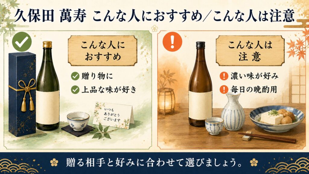 久保田 萬寿が向いている人・向いていない人を対比したイラスト（贈り物・上品な味好き向け／濃い味・晩酌用は千寿・百寿向け）