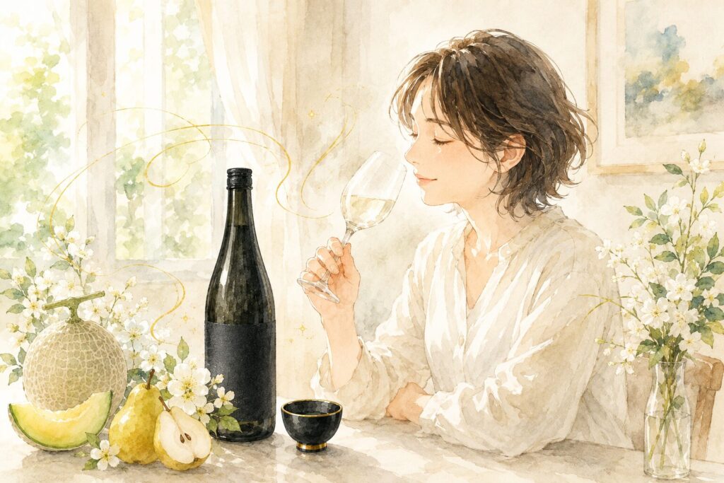 久保田 純米大吟醸 黒ラベルをワイングラスに注ぎ香りを楽しむ女性の水彩イラスト