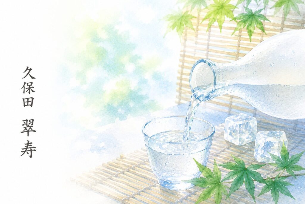 久保田 翠寿を冷酒グラスに注ぐ涼しげな夏の一杯の水彩イラスト