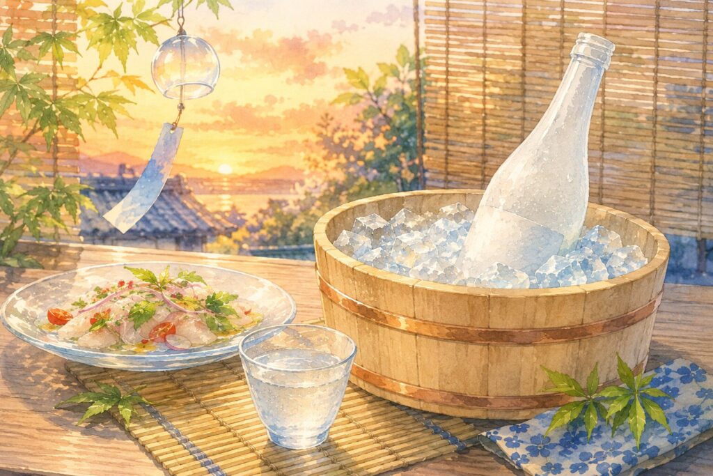 久保田 翠寿を氷で瓶ごと冷やし冷製料理と楽しむ夏の水彩イラスト