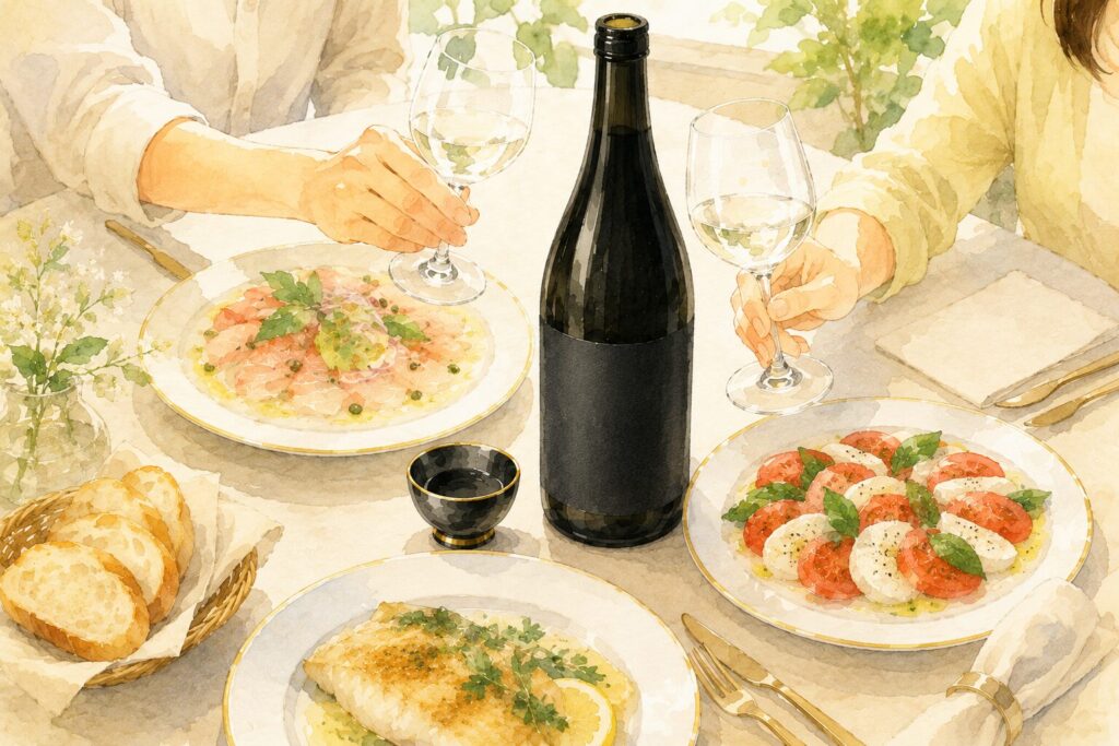 久保田 純米大吟醸 黒ラベルとカルパッチョなど洋食を合わせたテーブルの水彩イラスト