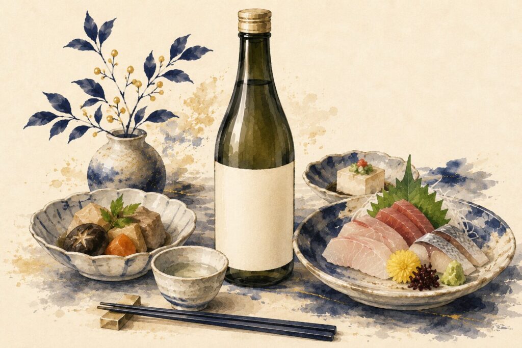 久保田 千寿を料理と楽しむ、食中酒イメージの和モダンイラスト