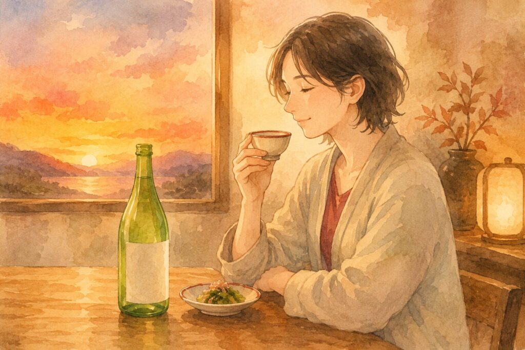 久保田 紅寿を夕暮れの晩酌でゆっくり味わう水彩イラスト