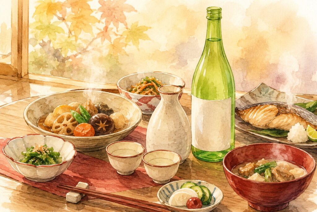 久保田 紅寿を徳利とおちょこで出汁の効いた和食とともに楽しむ水彩イラスト