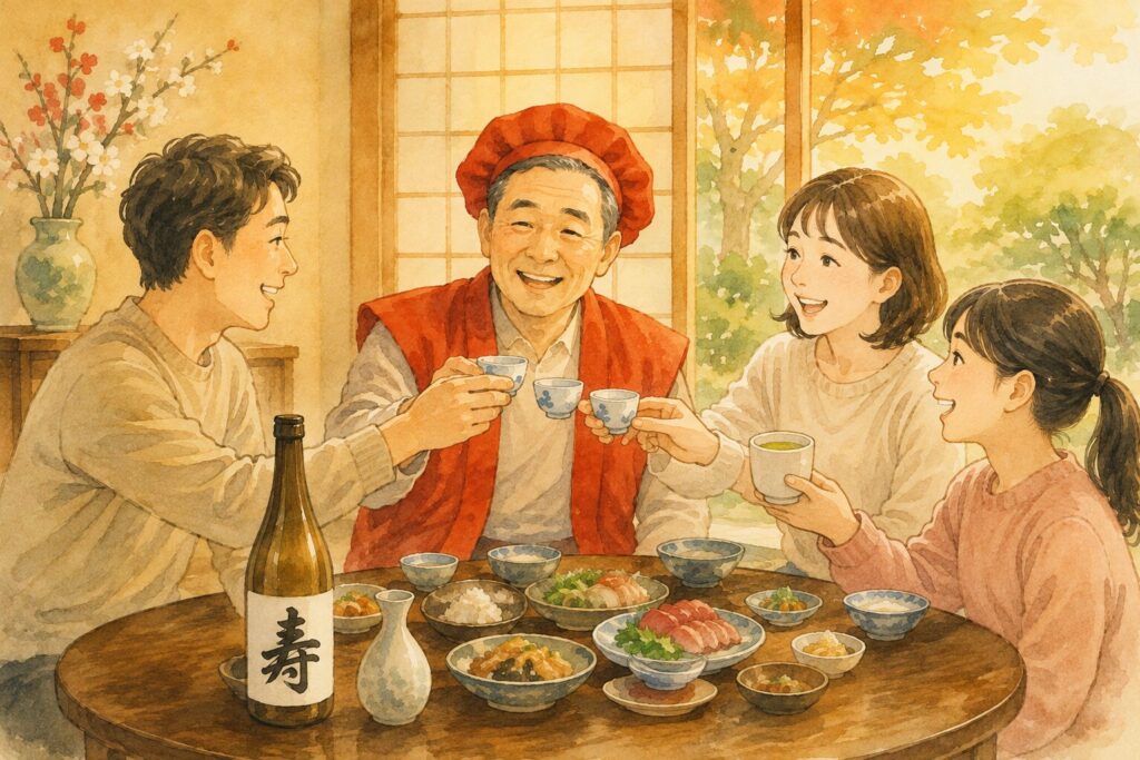 還暦祝いの席で赤いちゃんちゃんこと頭巾姿の男性を家族が囲み、寿と書かれた酒瓶を前にお猪口とお茶で乾杯している水彩イラスト